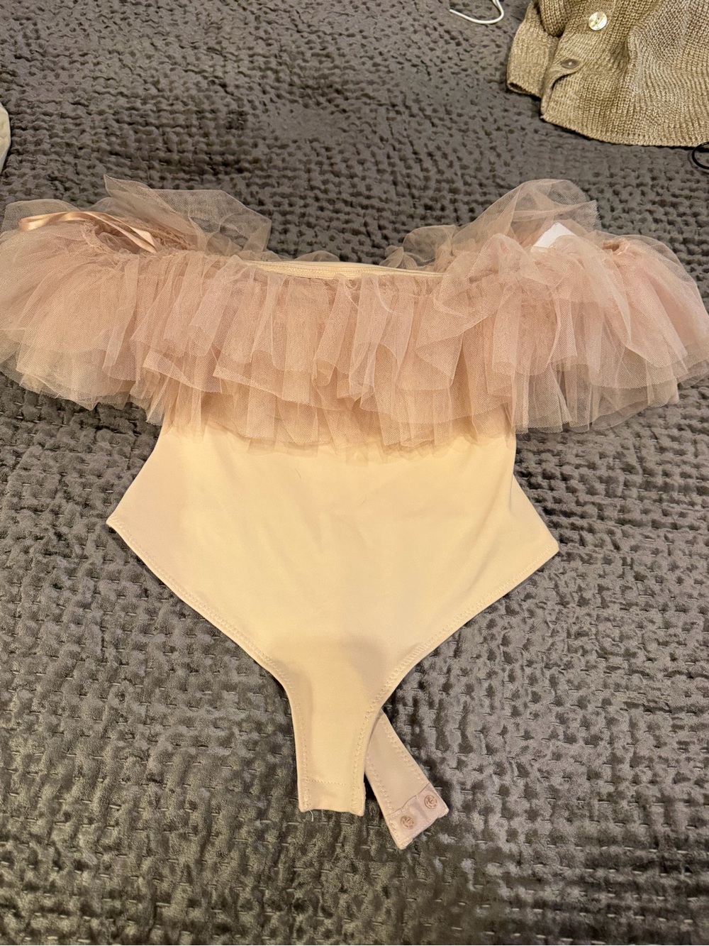 Free People Blush Pink Tulle Off-Shoulder One-Piece Bodysuit